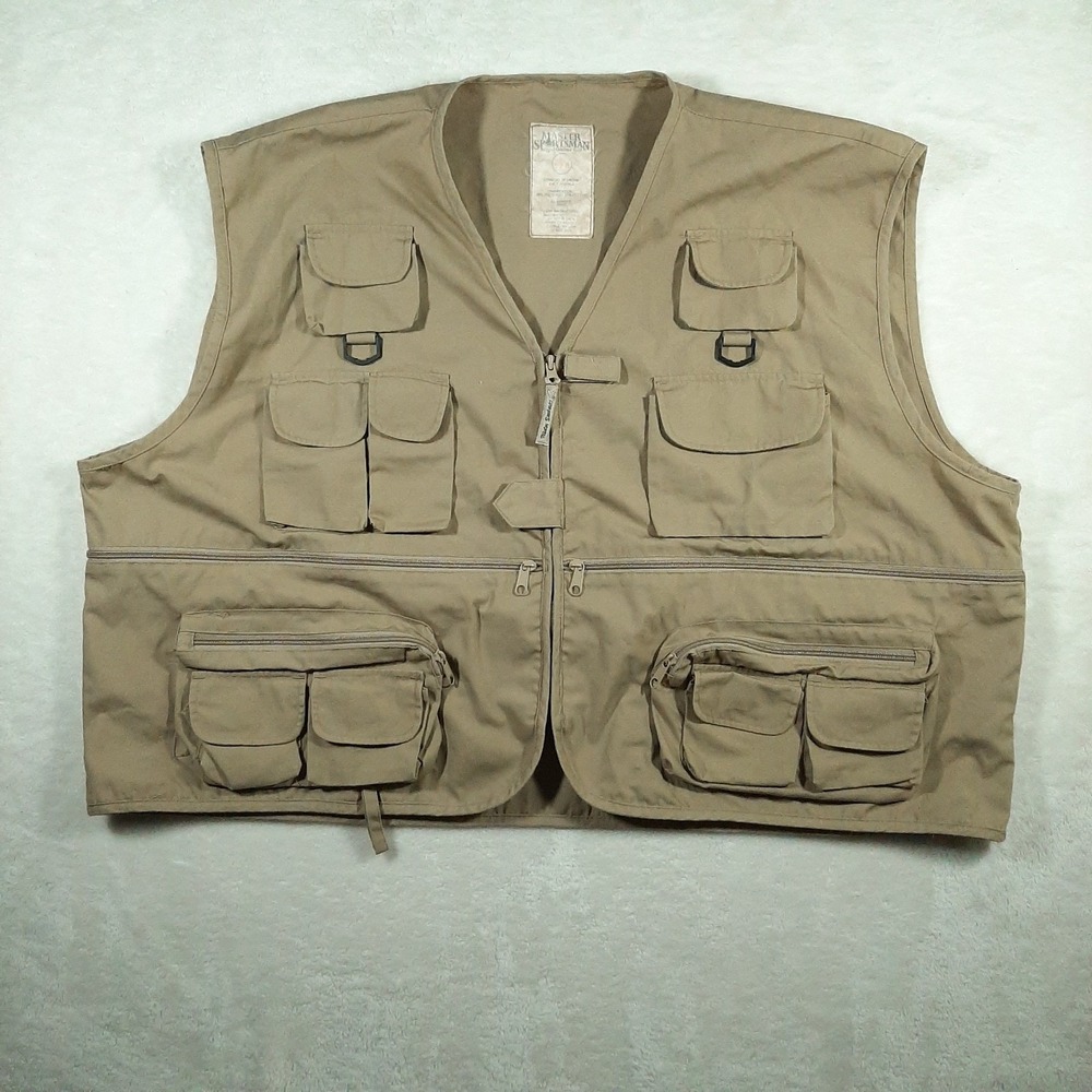 Master Sportsman 4XL Beige Fishing Hunting Vest Full Multiple Pockets Men's 4XL
